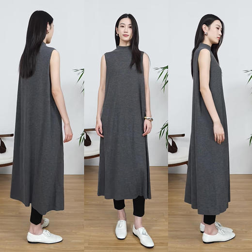 HIDEMI 极简小圆领廓形折叠立体剪裁微斗篷式真丝羊毛针织连衣裙 黑色/灰色 商品图2