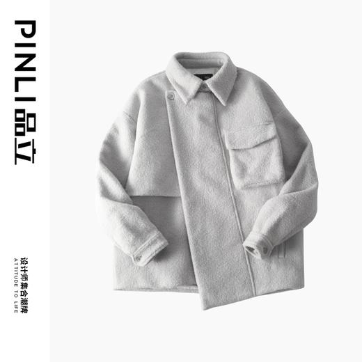 PINLI品立2023秋冬新品男士翻领短款呢大衣不规则宽松潮呢子外套B233102032 商品图2