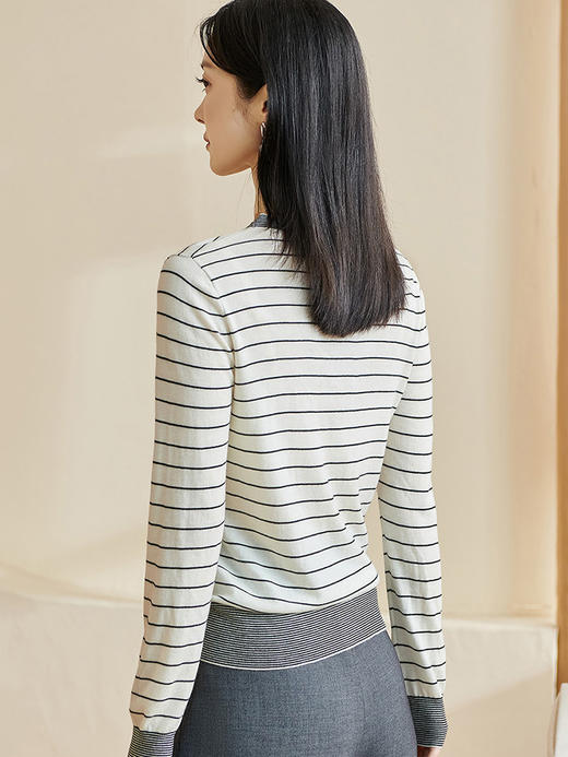 米思阳2026春季新款经典百搭条纹针织衫修身v领纽扣长袖外套2942 商品图2