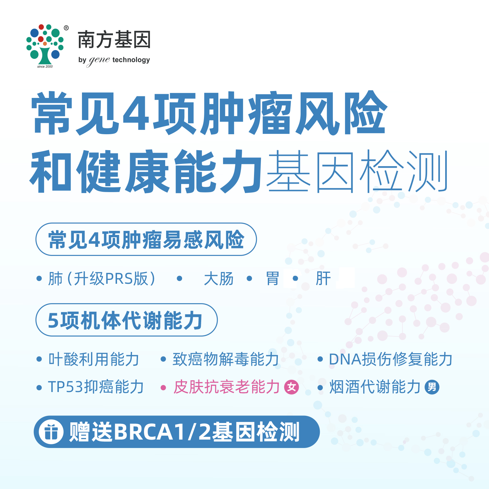 【爱康分院采血】南方基因常见4项肿瘤风险和健康能力基因检测 适用爱康国宾/VIP/卓悦