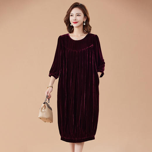 KQ-210337真丝绒连衣裙秋季2023新款洋气裙子大码女宽松气质褶皱南瓜裙 商品图3