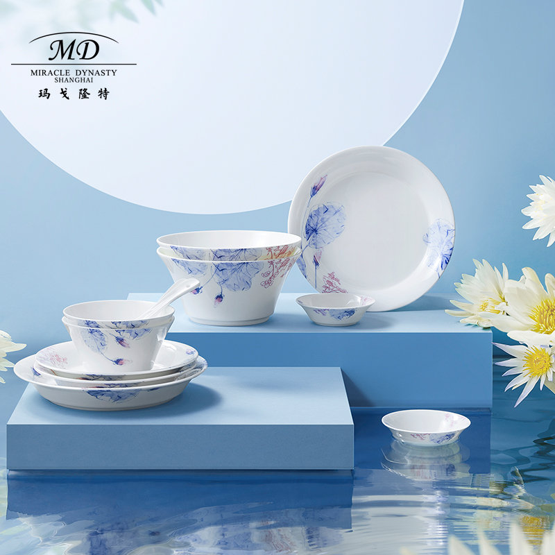 【玛戈隆特】特荷莲盛宴2人食骨瓷中式家用餐具套装碗盘碟组合礼盒包装