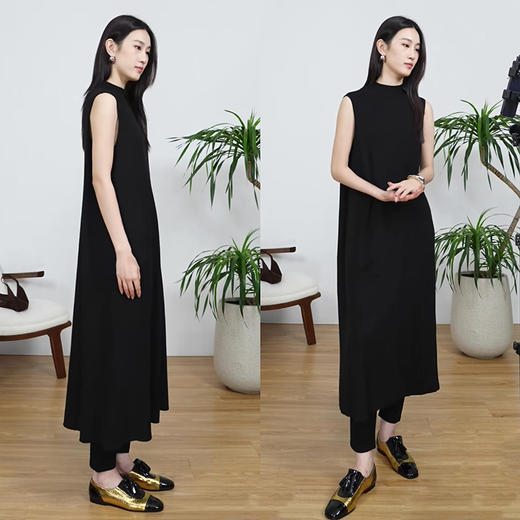 HIDEMI 极简小圆领廓形折叠立体剪裁微斗篷式真丝羊毛针织连衣裙 黑色/灰色 商品图1