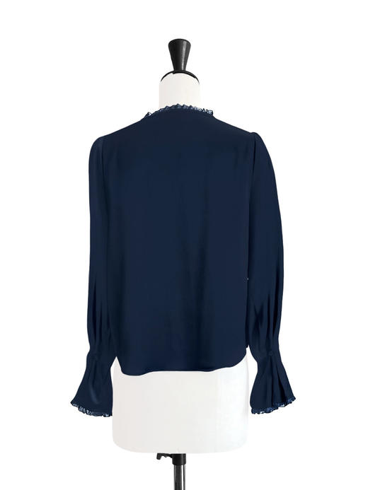 TYNVIE 雪纺木耳边装饰花瓣袖长袖上衣-藏青 商品图8