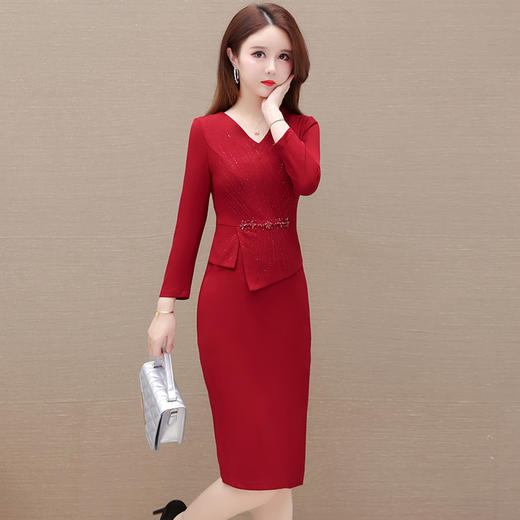 QYM JDN8828-Y时尚拼结假两件镶钻连衣裙包臀裙 商品图0