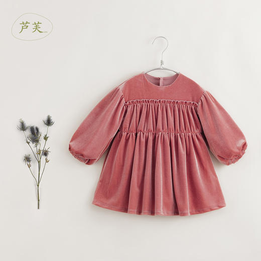 【马克珍妮 芦芙】秋装新款 女童柔软泡泡袖花边丝绒连衣裙231577 商品图2