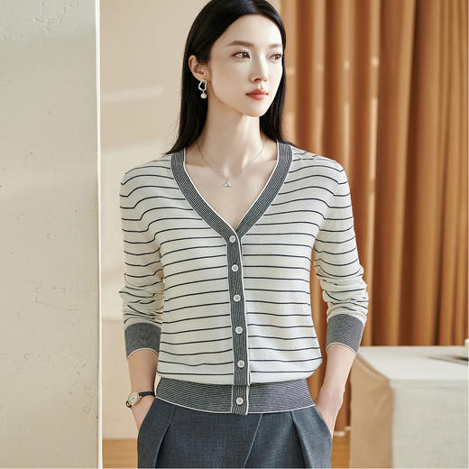 米思阳2026春季新款经典百搭条纹针织衫修身v领纽扣长袖外套2942 商品图0