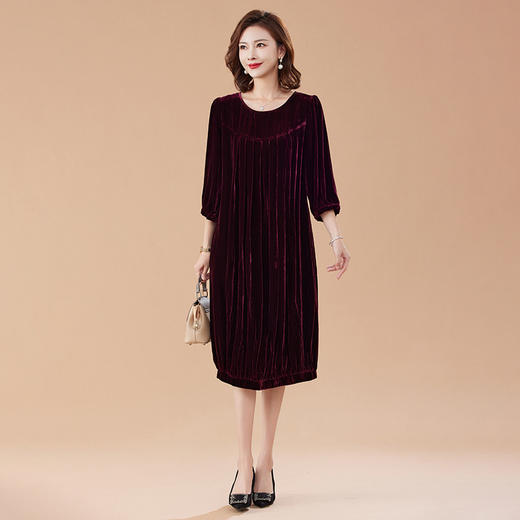 KQ-210337真丝绒连衣裙秋季2023新款洋气裙子大码女宽松气质褶皱南瓜裙 商品图1