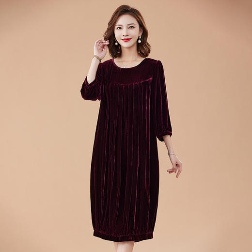 KQ-210337真丝绒连衣裙秋季2023新款洋气裙子大码女宽松气质褶皱南瓜裙 商品图0