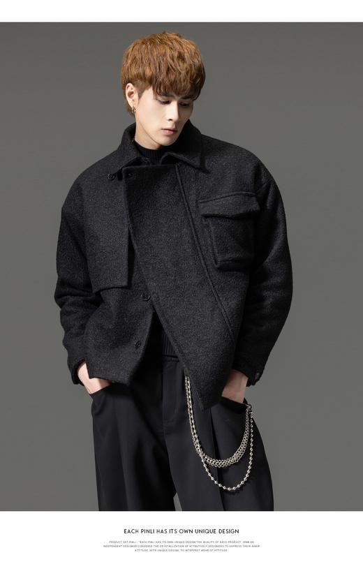 PINLI品立2023秋冬新品男士翻领短款呢大衣不规则宽松潮呢子外套B233102032 商品图3
