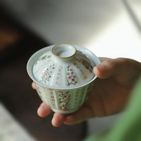 景德镇 忘言/粉彩十二锦刻棱茶碗 手绘盖碗带盖泡茶茶盏茶碗手绘陶瓷茶具