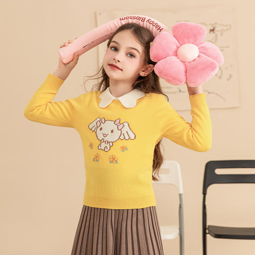 mettekids儿童羊绒衫秋冬新款花瓣领针织衫女童鹅黄洋气薄款毛衣 商品图3