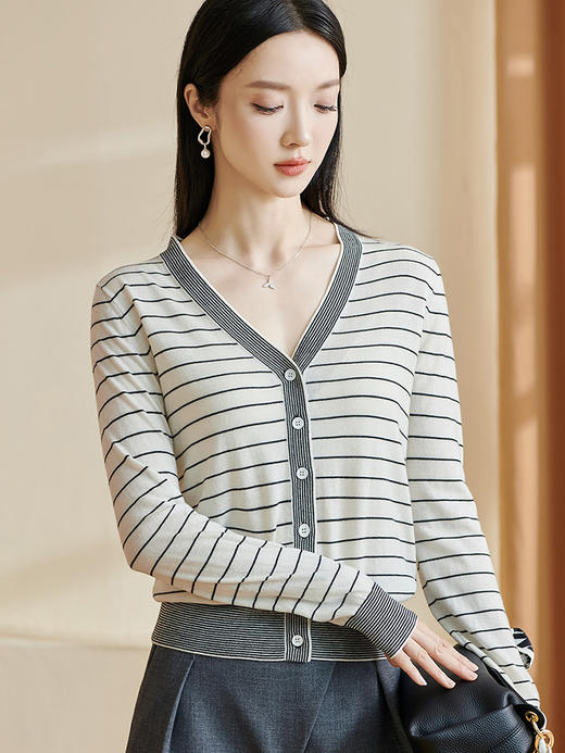 米思阳2026春季新款经典百搭条纹针织衫修身v领纽扣长袖外套2942 商品图1