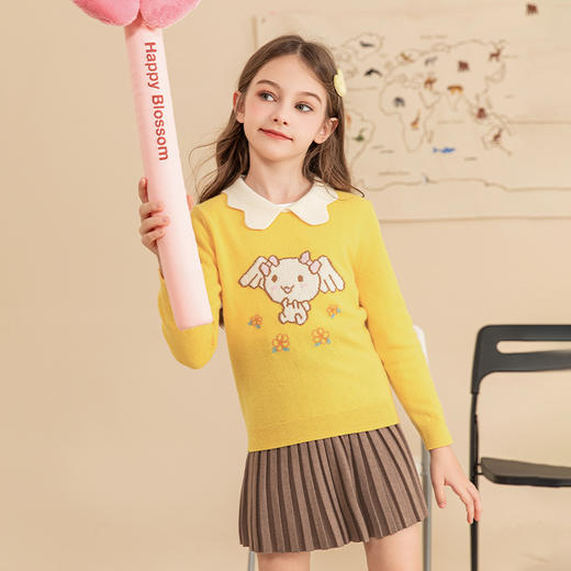 mettekids儿童羊绒衫秋冬新款花瓣领针织衫女童鹅黄洋气薄款毛衣 商品图4