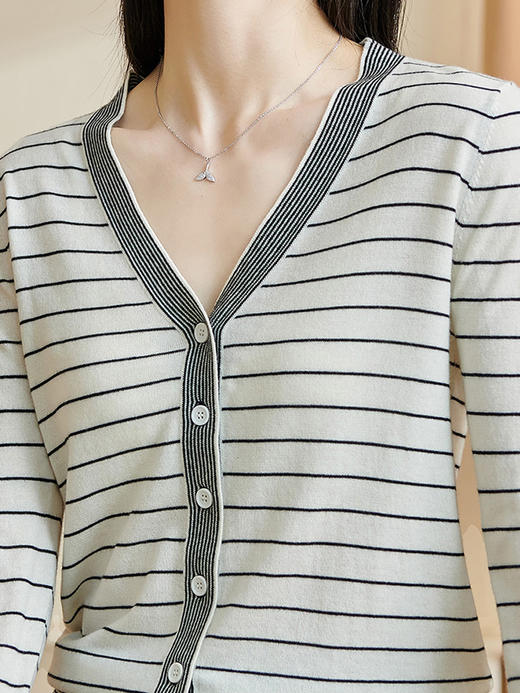 米思阳2026春季新款经典百搭条纹针织衫修身v领纽扣长袖外套2942 商品图4