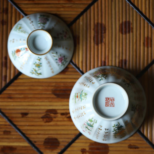 景德镇 忘言/粉彩十二锦刻棱茶碗 手绘盖碗带盖泡茶茶盏茶碗手绘陶瓷茶具 商品图9