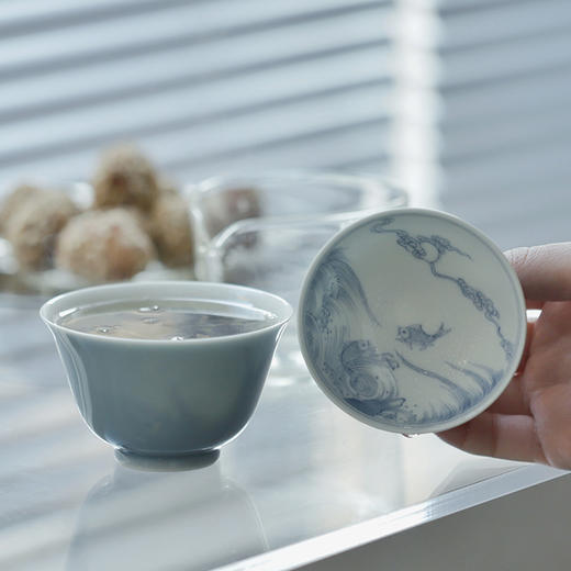 景德镇 忘言/知鱼在川茶碗 手绘盖碗带盖泡茶茶盏茶碗手绘陶瓷茶具 商品图2