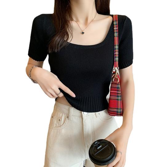 SSEMMY【洋气显瘦，1件穿3季！】超显质感冰丝针织衫，只需1秒，穿出女人味！修身百搭上衣短袖T恤，春夏季超显气质纯色打底衫，ins爆款超热卖 商品图2