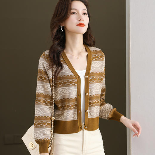 V领条纹复古民族风减龄遮肚子开衫针织衫短外搭CC-6692 商品图6