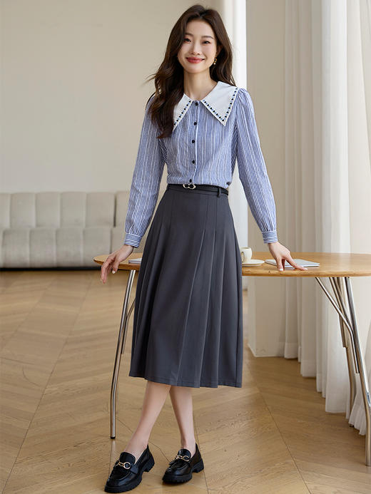 【1件82折】熙世界条纹娃娃领衬衫长袖2025秋新款爱心刺绣女士衬衣别致上衣 商品图3