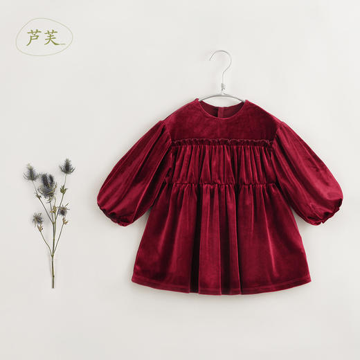 【马克珍妮 芦芙】秋装新款 女童柔软泡泡袖花边丝绒连衣裙231577 商品图0