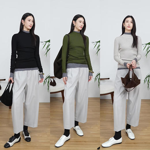 HIDEMI 美利奴极细羊毛坑条收身显瘦针织打底衫 浅米色/灰色/黑色/军绿色 商品图1