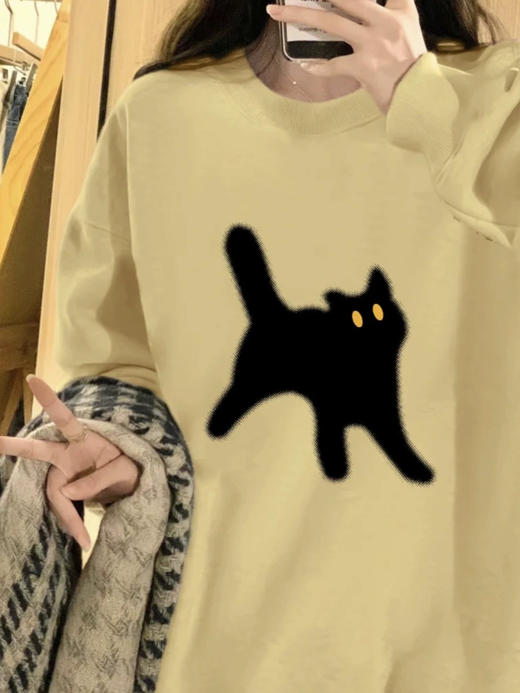 【奶黄色圆领卫衣】小个子春秋薄款   慵懒风宽松外套  美式复古 猫咪印花 商品图3