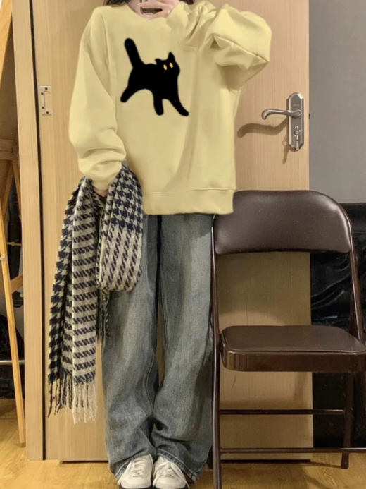 【奶黄色圆领卫衣】小个子春秋薄款   慵懒风宽松外套  美式复古 猫咪印花 商品图1