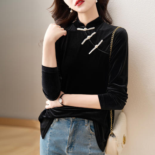 复古立领改良旗袍衬衫，秋冬新款中国风金丝绒珍珠链黑色上衣AHM-ymd1031 商品图2