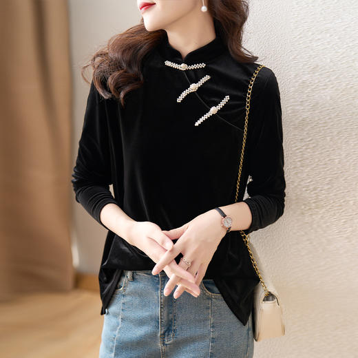 复古立领改良旗袍衬衫，秋冬新款中国风金丝绒珍珠链黑色上衣AHM-ymd1031 商品图1