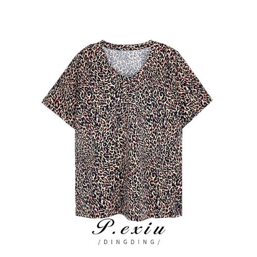 03-4潘依绣丁丁宠粉潘依绣夏季新款豹纹时尚休闲宽松显瘦短袖T恤 Q17180 商品图0