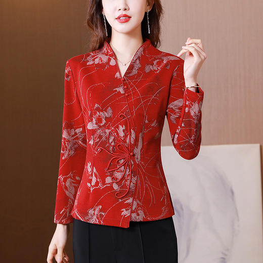 秋季新款，复古风套头衫v领修身提花衬衫百搭显瘦印花上衣KQL-435H5225 商品图6