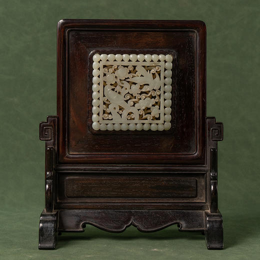 清 红木嵌玉透雕喜上眉梢砚屏 商品图0
