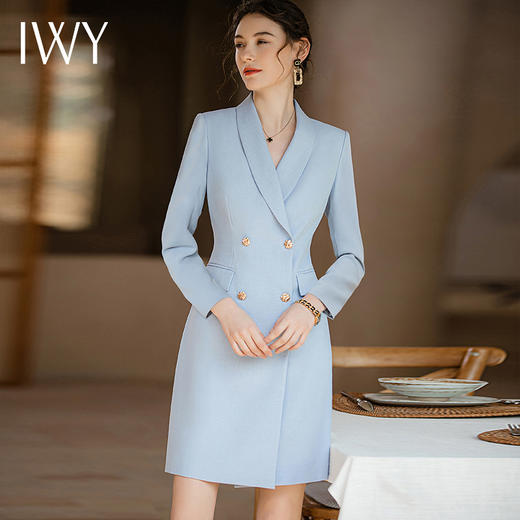 IWY/秋冬款长袖西装连衣裙女气质显白蓝色职业裙美容院上班工作服Q1019 商品图2