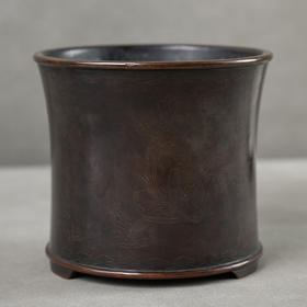 清 铜嵌银丝心经束腰笔筒