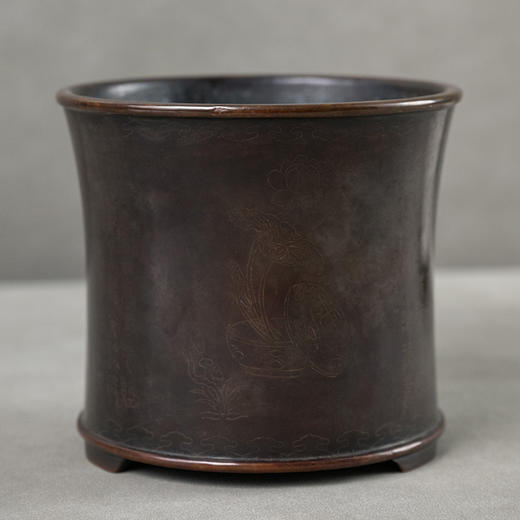 清 铜嵌银丝心经束腰笔筒 商品图0