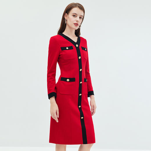 EITIE爱特爱冬季新款通勤洋气撞色V领显瘦百搭连衣裙女7207919 商品图2