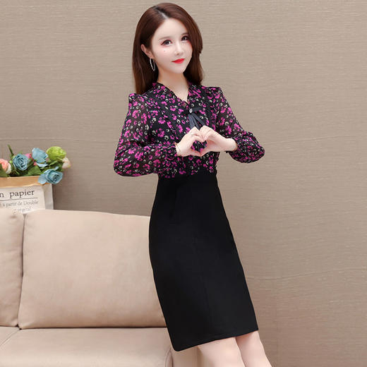 QYM MWA06-1-Y拼结假两件连衣裙时尚木耳印花裙 商品图1