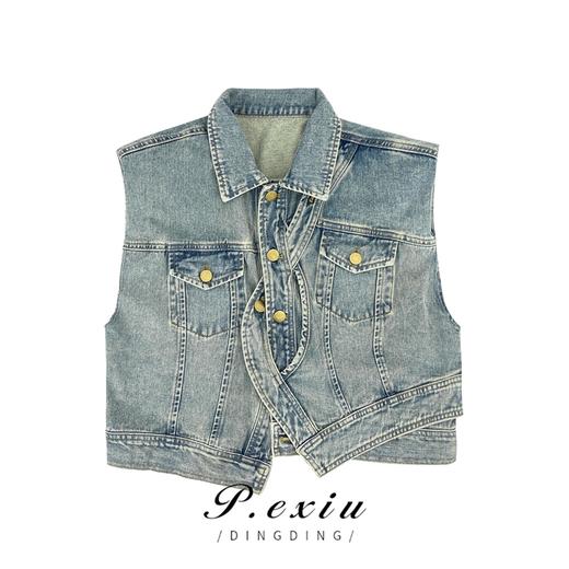 03-3潘依绣丁丁宠粉【现货】0514 PanYiXiu/潘依绣夏季设计感坎肩无袖复古时尚洋气牛仔马甲 D5896 商品图0