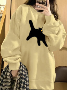 【奶黄色圆领卫衣】小个子春秋薄款   慵懒风宽松外套  美式复古 猫咪印花