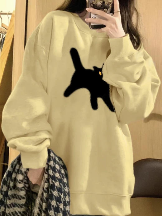 【奶黄色圆领卫衣】小个子春秋薄款   慵懒风宽松外套  美式复古 猫咪印花 商品图0