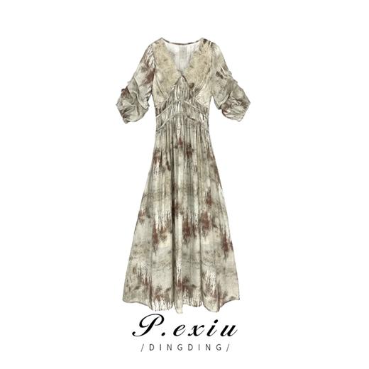 【现货】0604 PanYiXiu/潘依绣【墨笔生花】水墨晕染V领气质显瘦连衣裙 20948T 商品图0