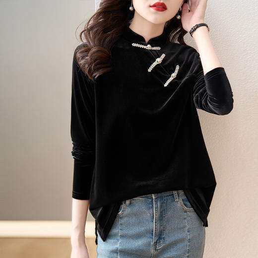 复古立领改良旗袍衬衫，秋冬新款中国风金丝绒珍珠链黑色上衣AHM-ymd1031 商品图0
