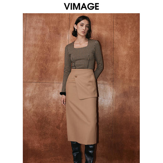 VIMAGE纬漫纪冬季新品高腰纯色显瘦设计小众半身裙V2006619 商品图1