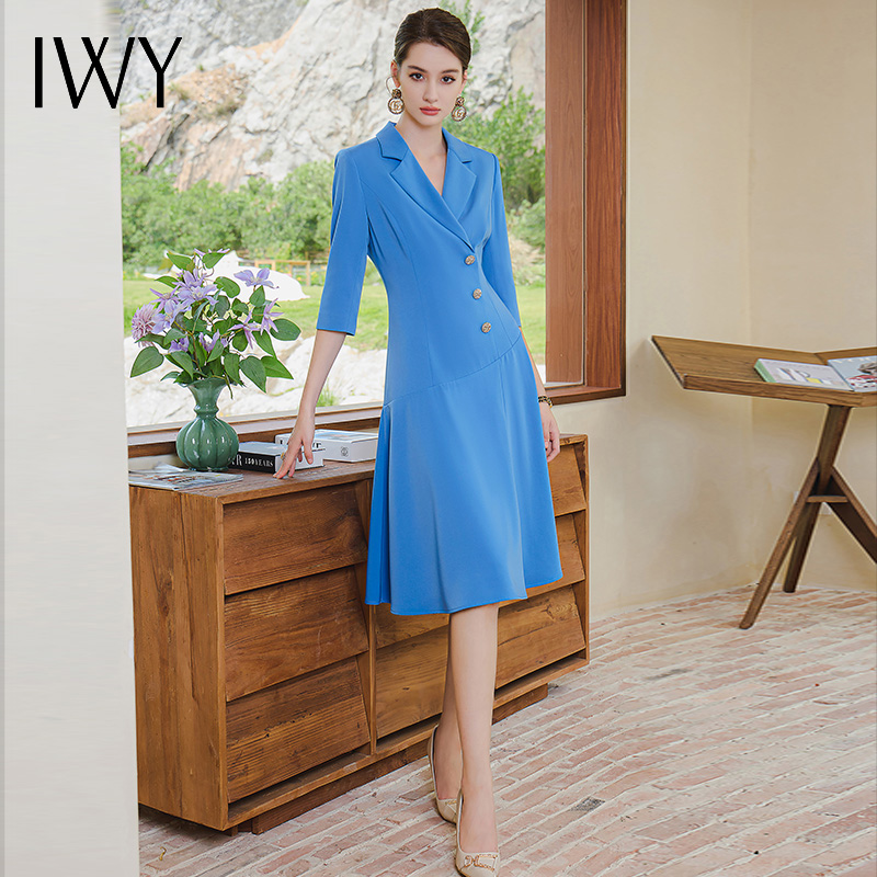 IWY/气质七分袖西装连衣裙女高端蓝色显白职业工作服正装Q962