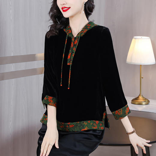 AHMss3159 新中式复古金丝绒黑色衬衫女2023秋季新款中国风印花显瘦连帽上衣 商品图0