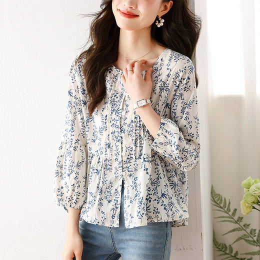 秋季新款，七分袖别致上衣女设计感小众洋气时尚碎花雪纺衬衫KQL-310H622 商品图5