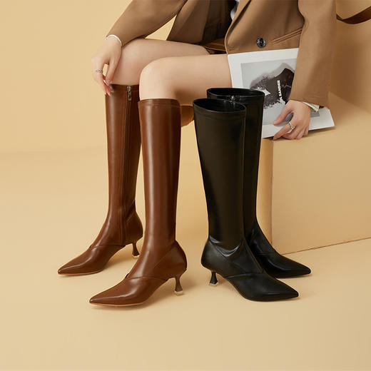 西遇法式复古长靴女新款秋冬弹力长筒靴棕色细跟尖头高跟靴子V0034134 商品图0