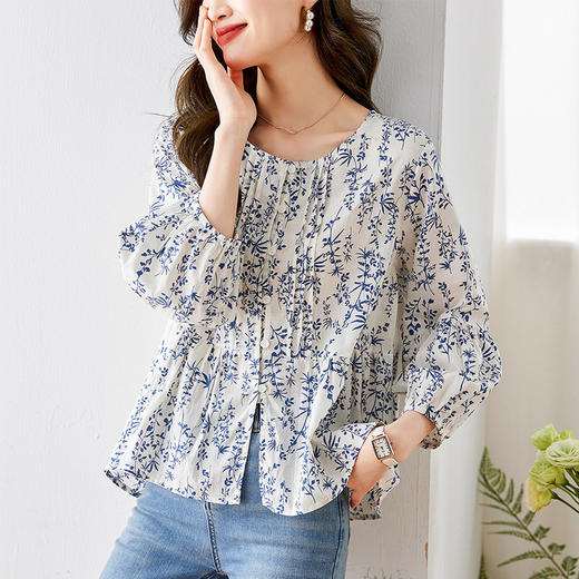 秋季新款，七分袖别致上衣女设计感小众洋气时尚碎花雪纺衬衫KQL-310H622 商品图2