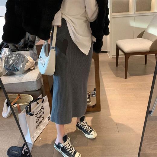 【爱心针织半身裙】秋冬高腰显瘦  中长款开叉包臀长裙   直筒a字裙子 商品图1